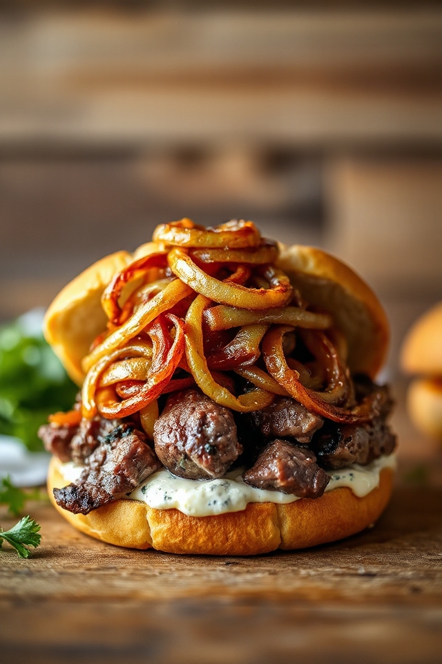 delicious blue cheese steak sandwich