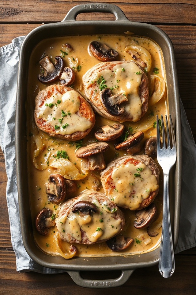 mushroom loaded pork steak