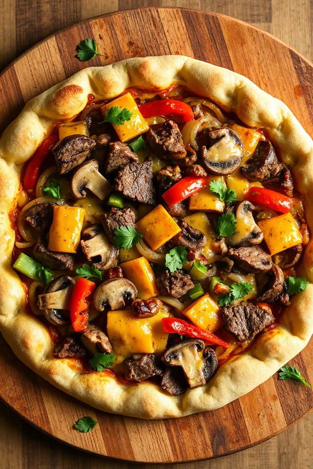 steak pizza with veggies