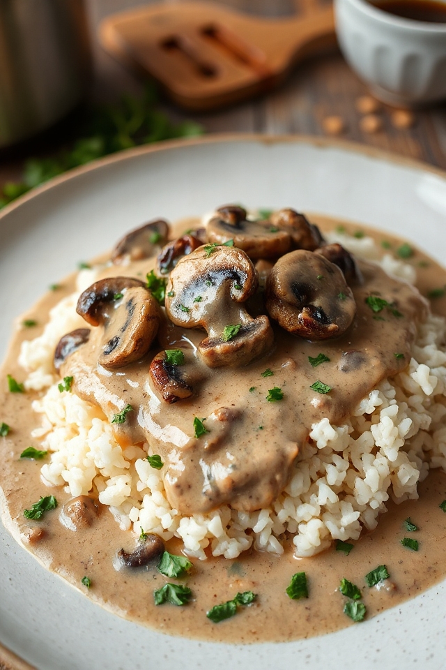 steak with creamy mushroom rice