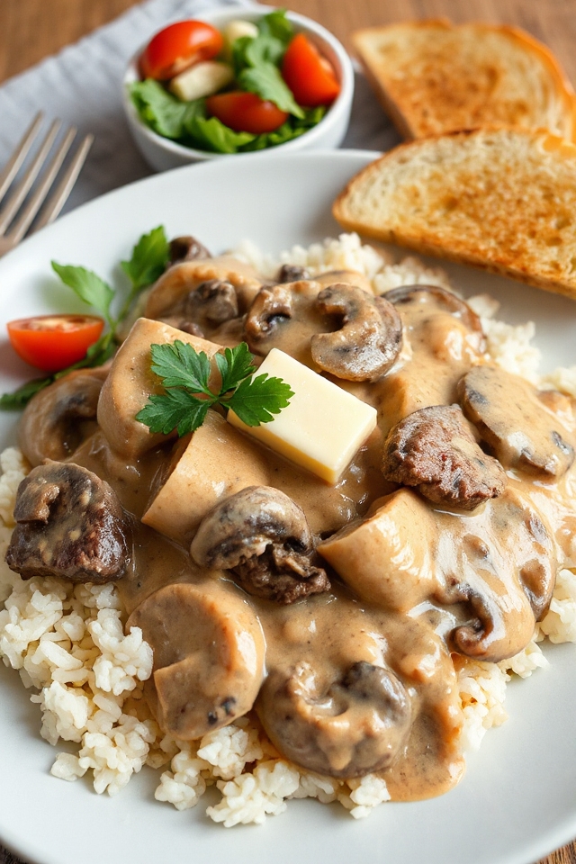 steak with creamy mushroom rice