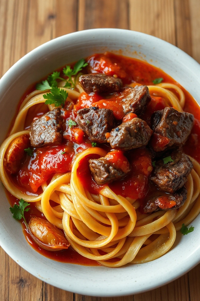 steak with tomato sauce noodles