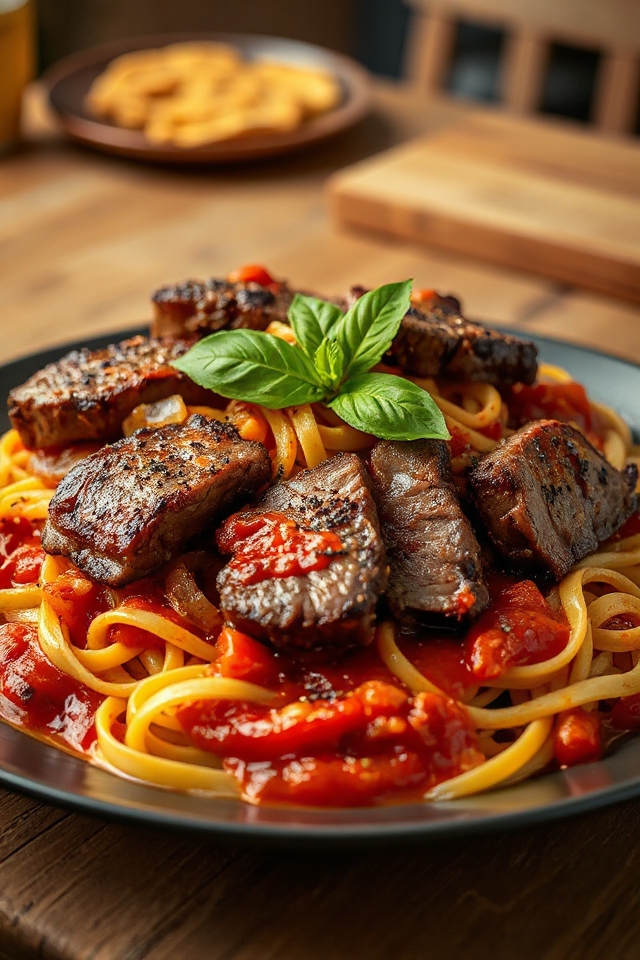 tender steak with noodles